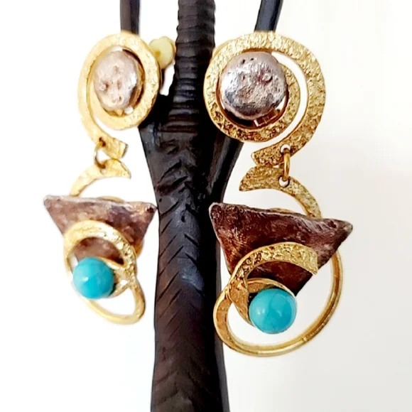 vintage Clip Artisan earrings mixed metal - Picture 2 of 5